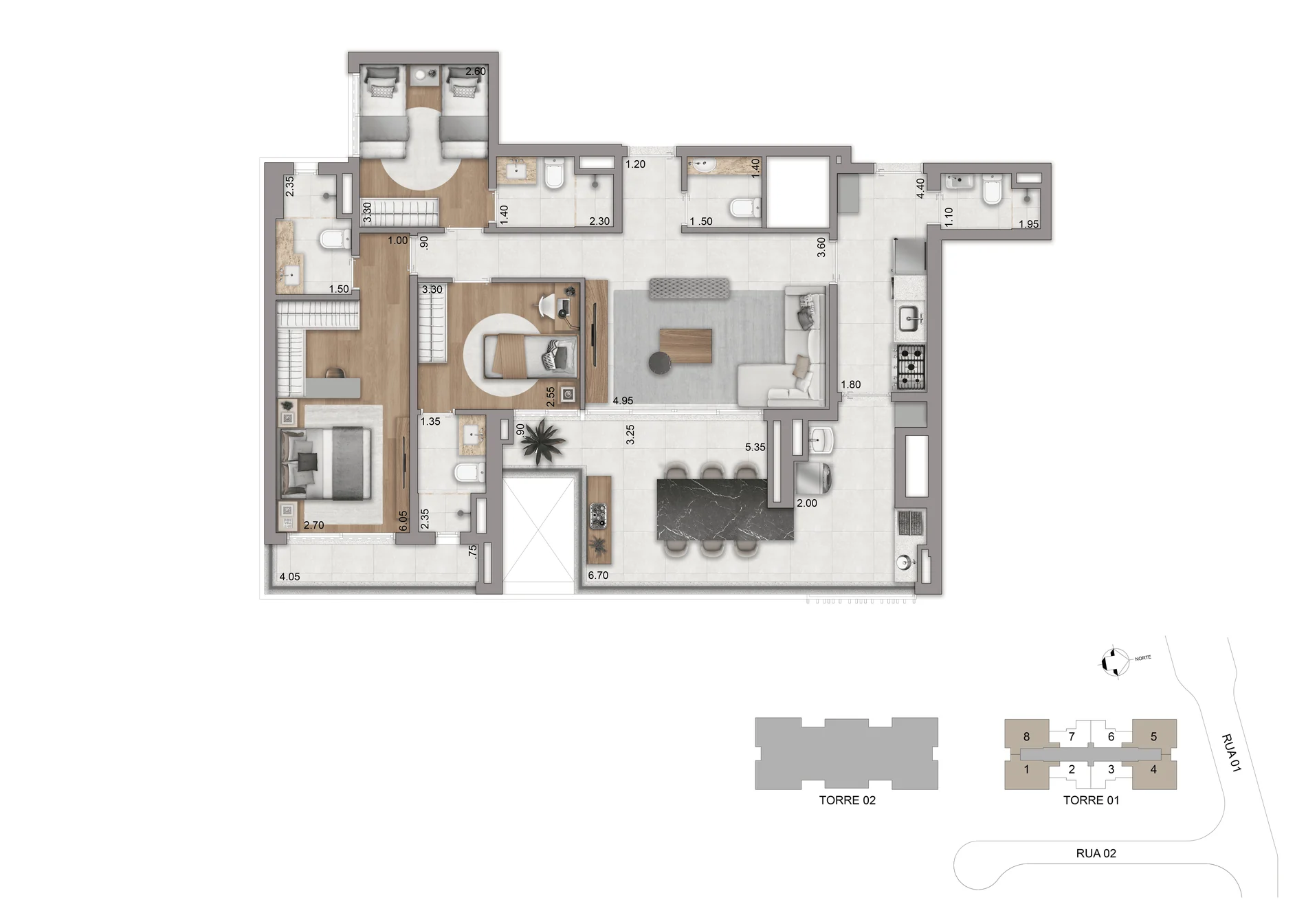 Planta-tipo 123 m² — 3 suítes