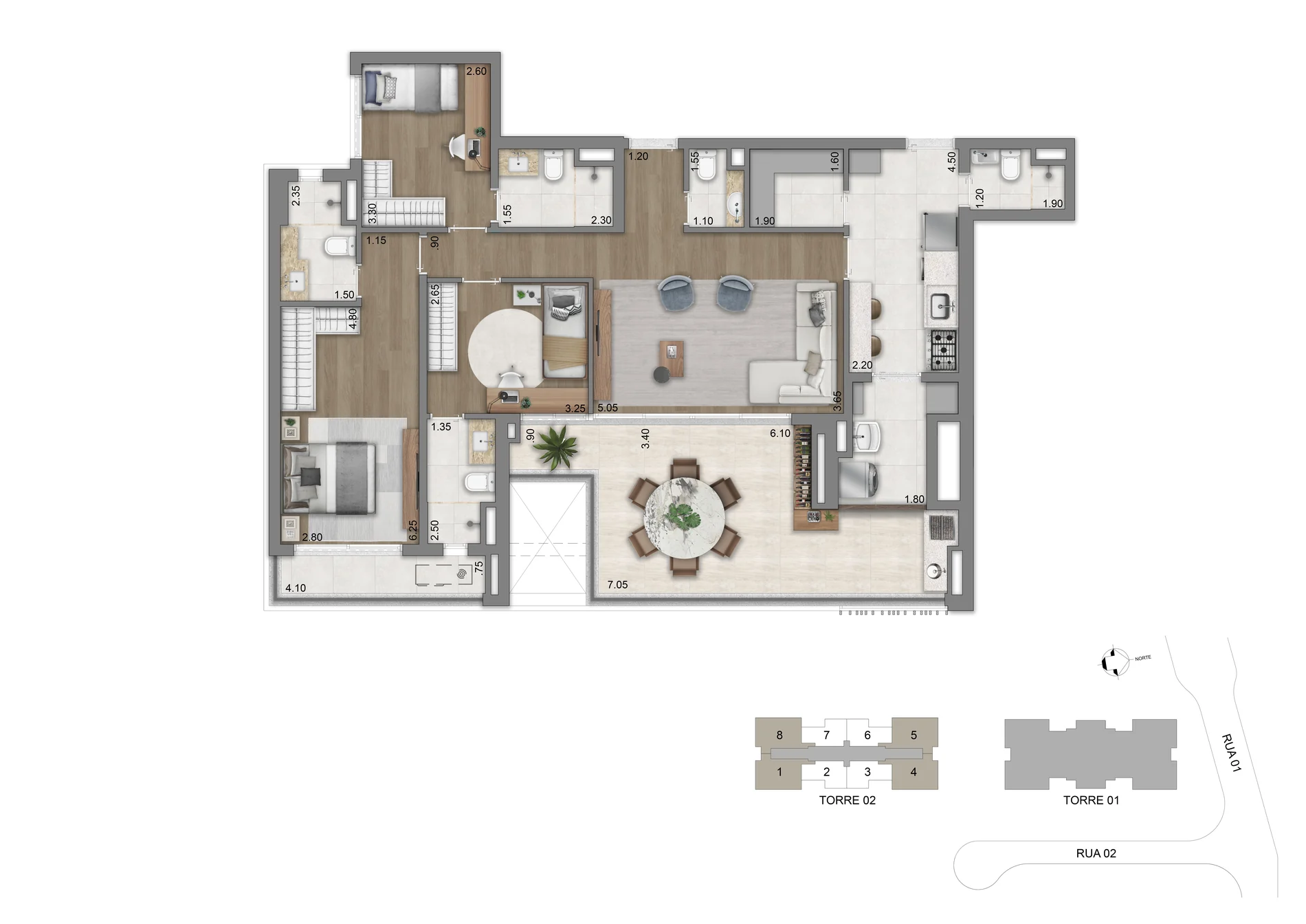Planta-tipo 134 m² — 3 suítes