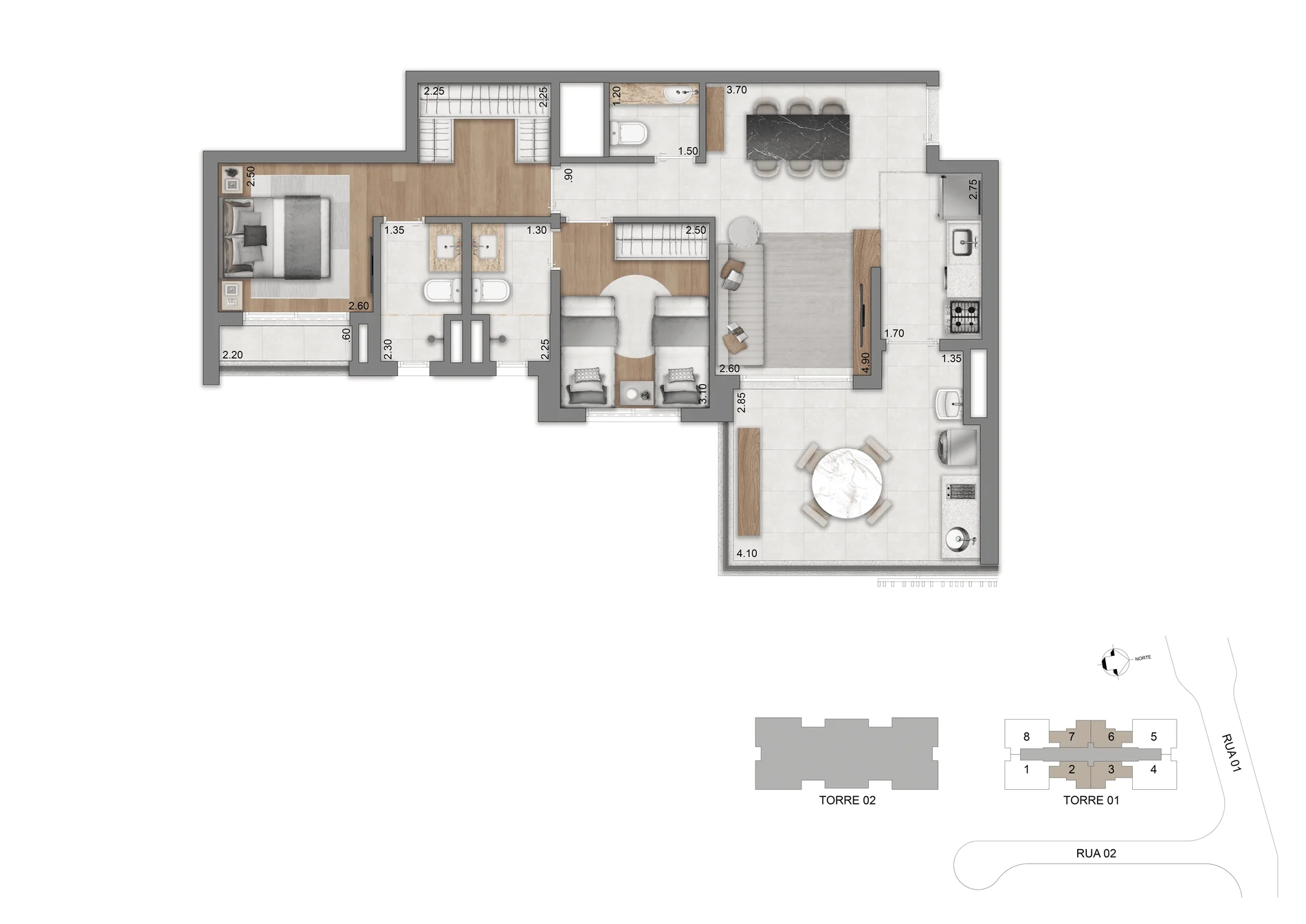 Planta-tipo 77 m² — 2 suítes