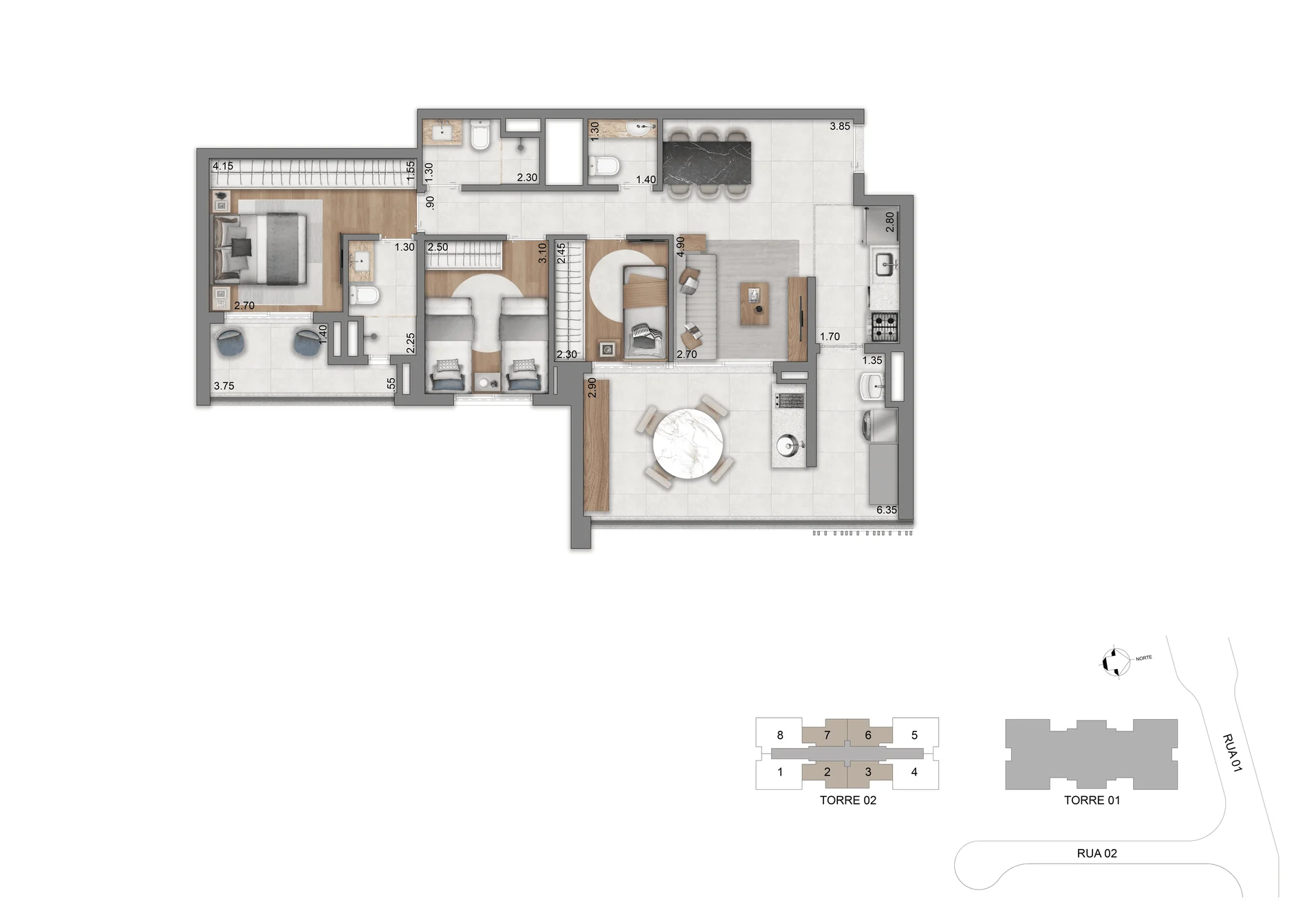 Planta-tipo 94 m² — 3 dormitórios, 1 suíte