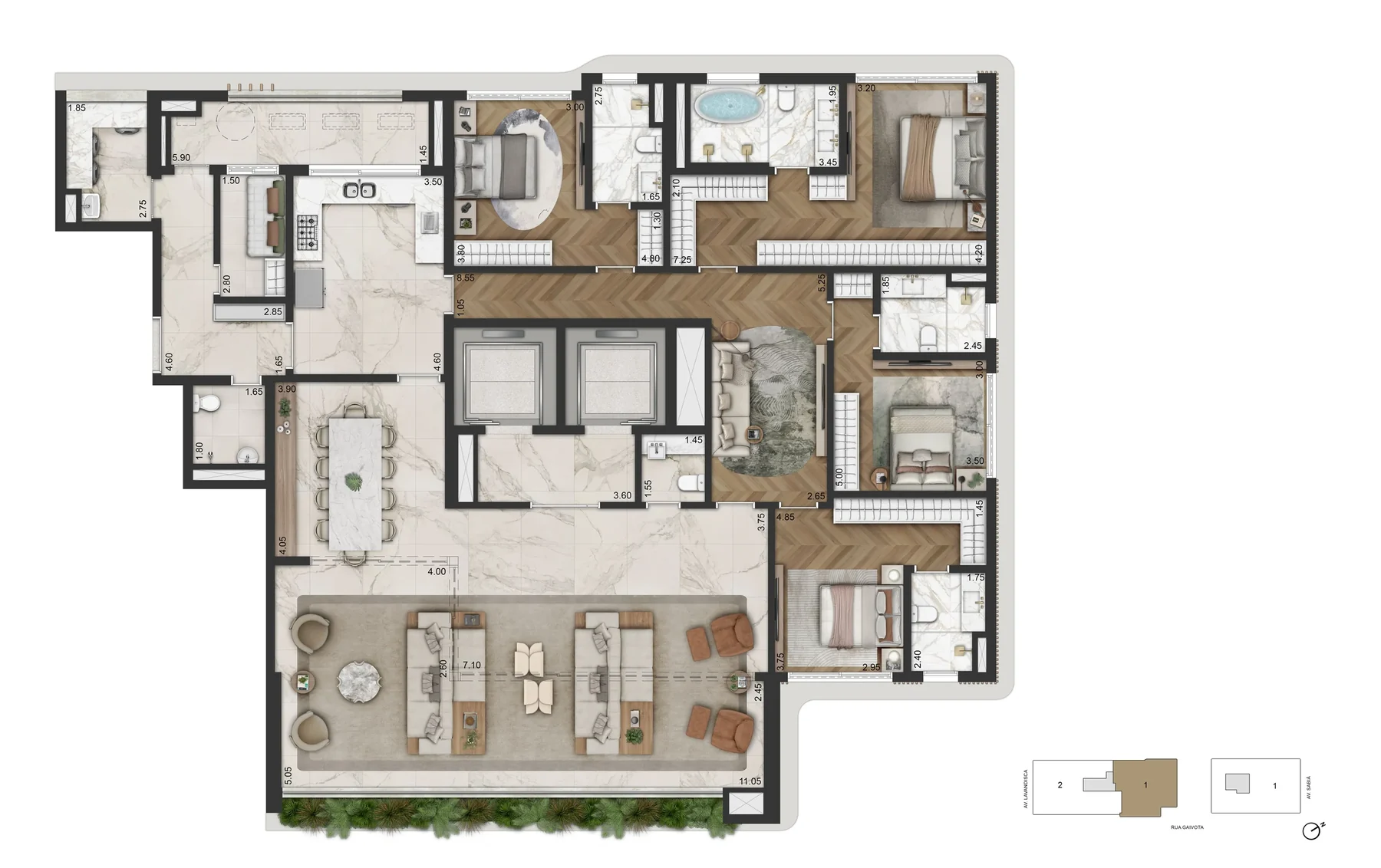 Planta 283 m² — padrão, 4 suítes