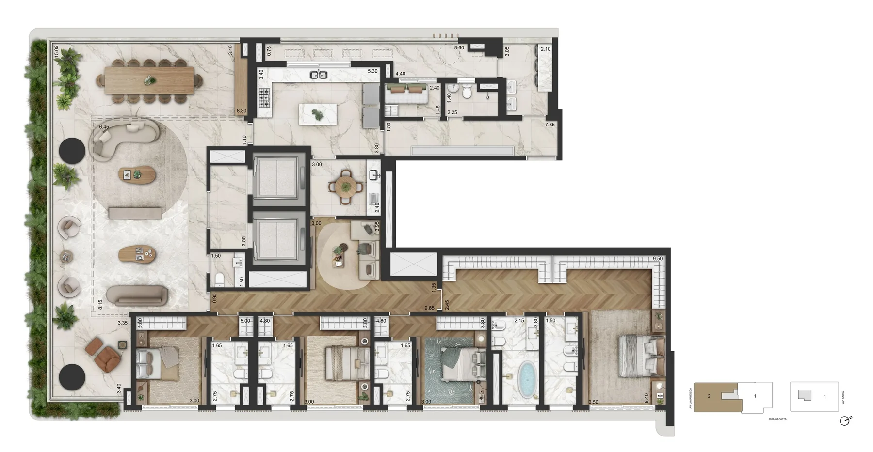 Planta 345 m² — padrão, 4 suítes