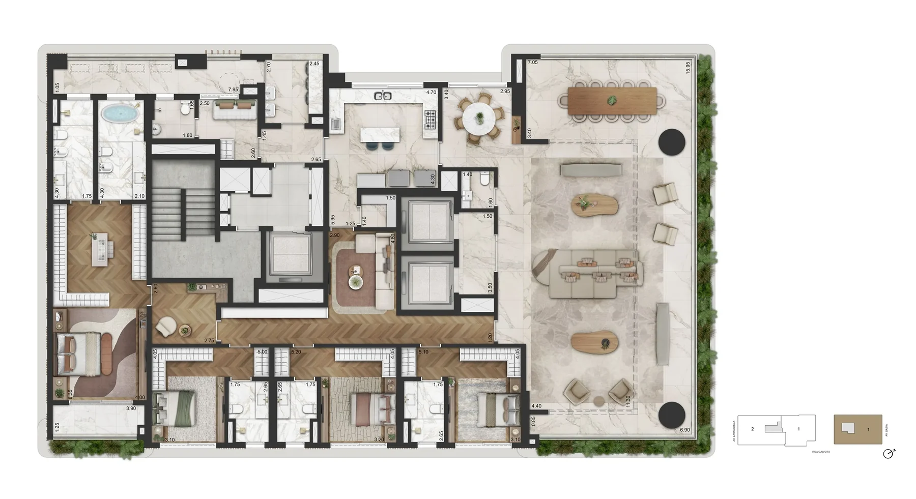 Planta 416 m² — padrão, 1 por andar