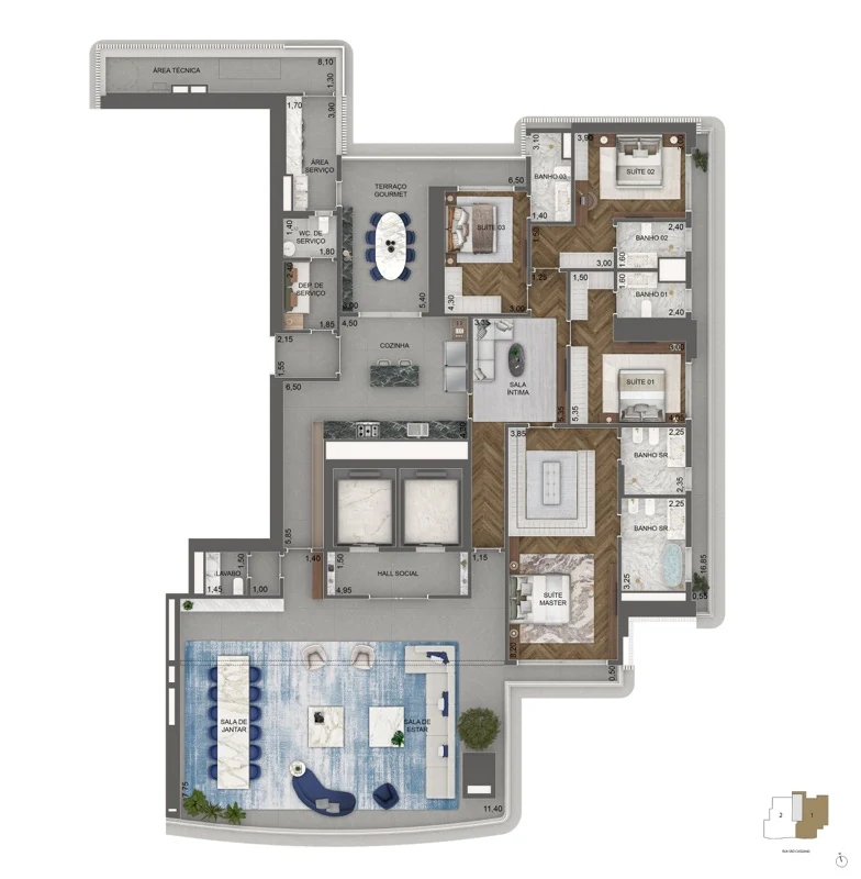 Planta padrão 376 m² — 4 suítes + sala íntima