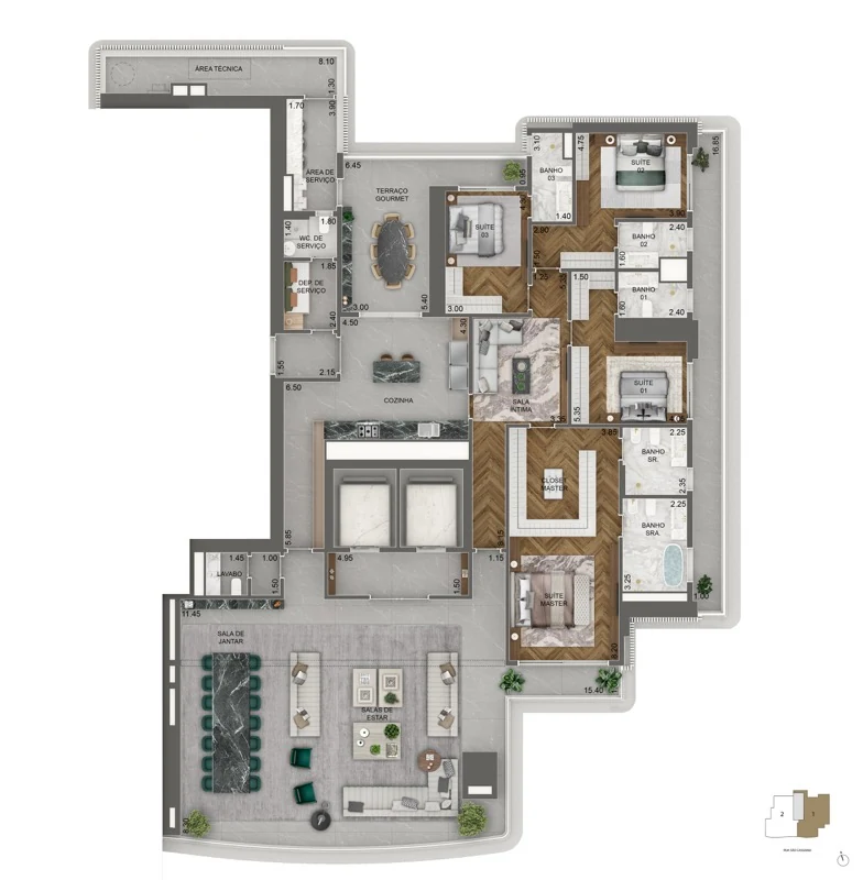 Planta padrão 395 m² — 4 suítes + sala íntima