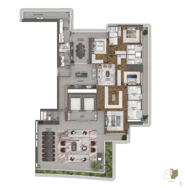 Planta padrão 411,5 m² — 4 suítes + sala íntima (48º e 51º pav.)