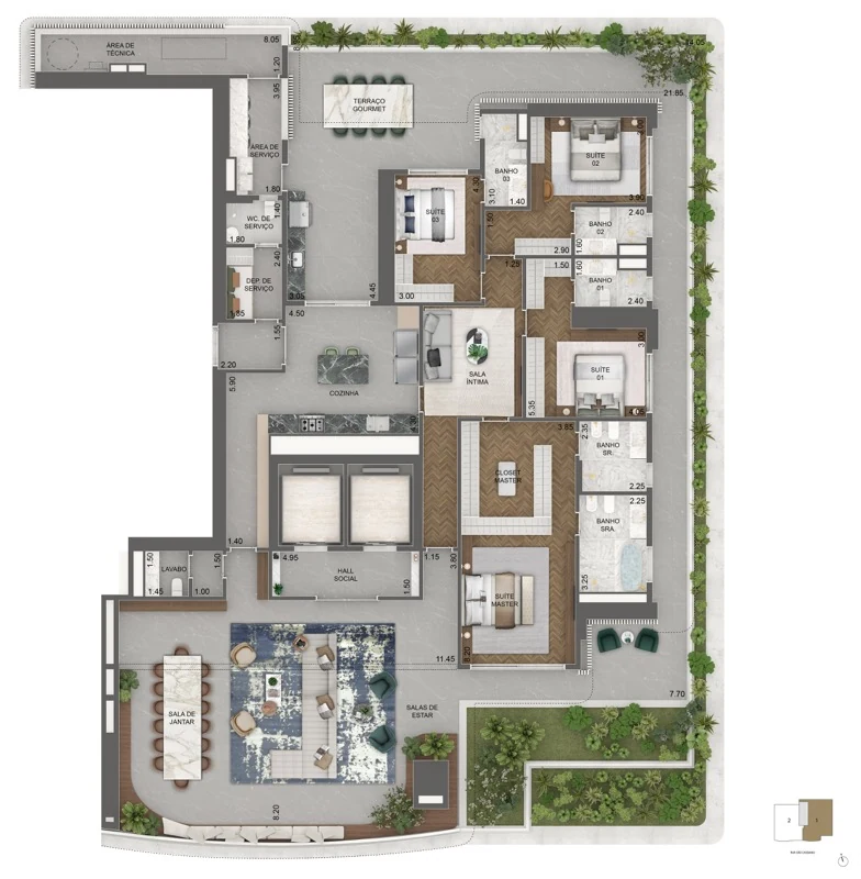 Planta padrão Garden 492 m² — 4 suítes + sala íntima