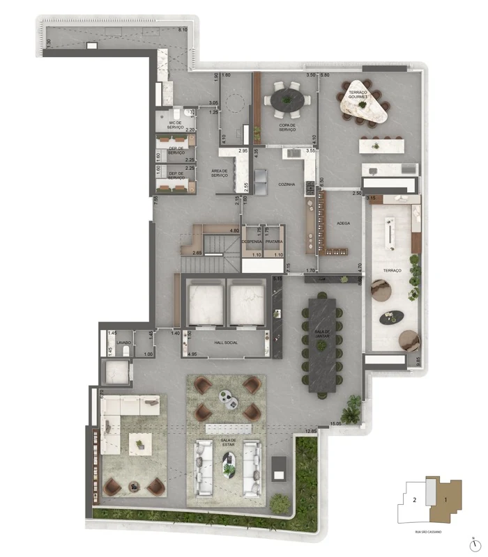 Penthouse 710 m² — pavimento inferior, 4 suítes + terraço íntimo