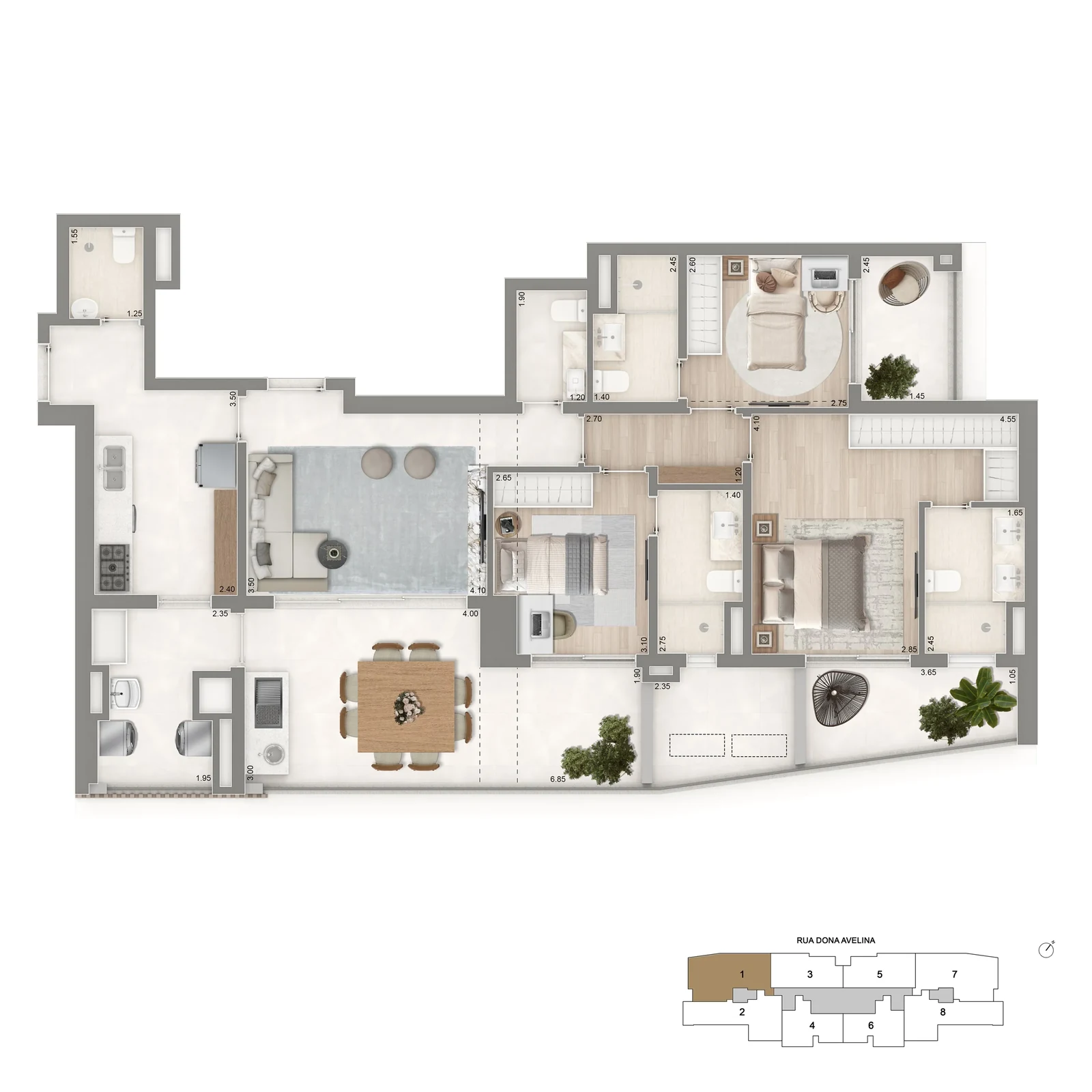 Planta 129 m² — Padrão 3 suítes