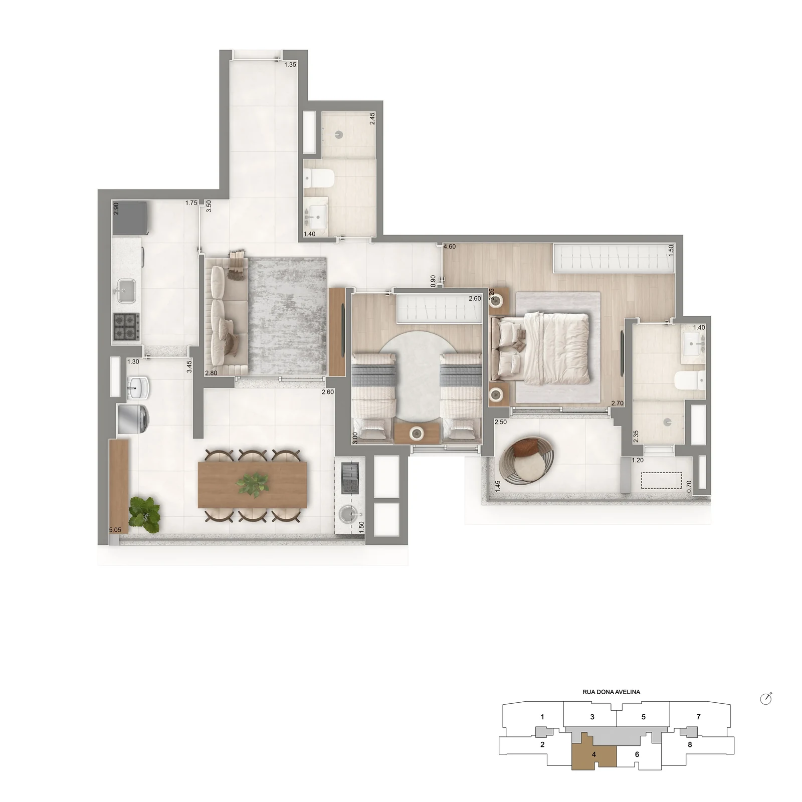 Planta 76 m² — Padrão 2 dormitórios