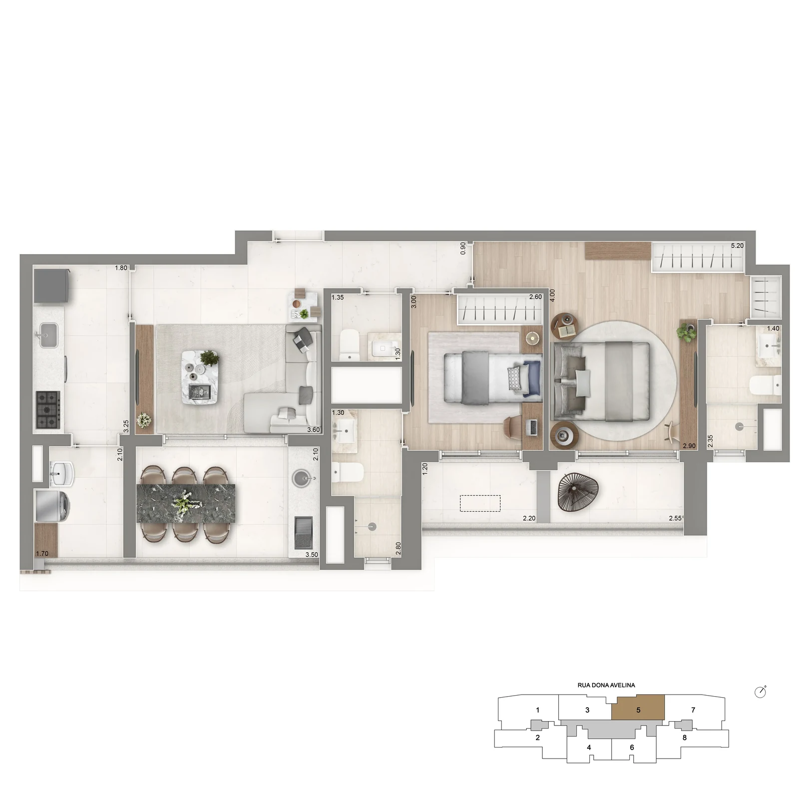 Planta 83 m² — Padrão 2 suítes
