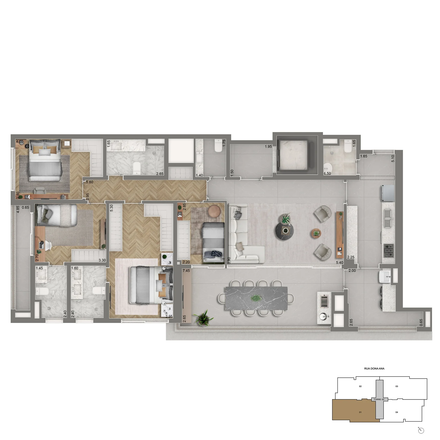 Planta 155 m² — Padrão 4 dormitórios