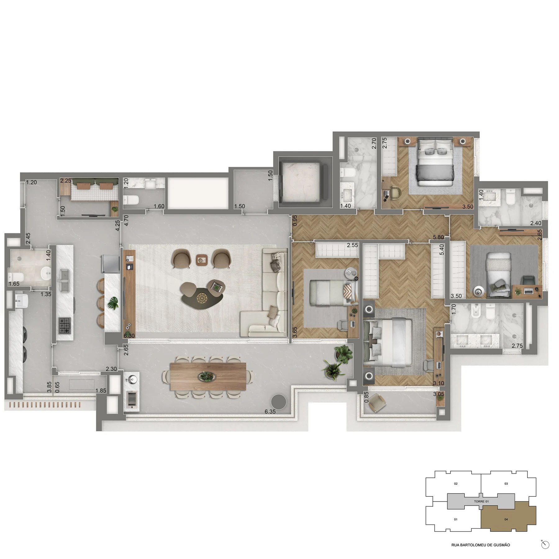Planta 177,50 m² — Padrão 4 dormitórios